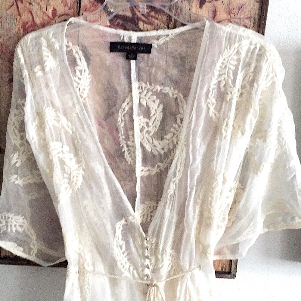 BOHO IVORY EMBROIDERED LONG KIMONO DRESS SHEER ADJUSTABLE KAFTAN S M L - Picture 5 of 12